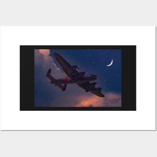 RAF Avro Lancaster Bomber in Moonlight Sky Posters and Art